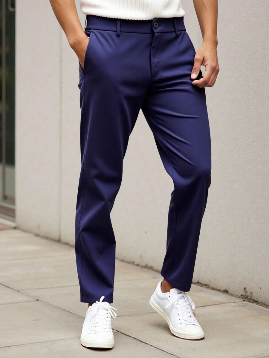 Manfinity Mode Pantalones casuales de pierna recta con textura para hombres, el diseño plisado ofrece un ajuste cómodo, adecuado para ocasiones casuales diarias, se puede combinar con camisas o camisetas para mostrar un estilo de negocios casual, también es un gran regalo - Azul Marino - Ver 1