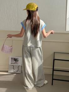 Dazy Kids Tween Girl Casual Contrast Binding Polo Shirt And Wide Leg Pants Set, Spring/Summer - Grey - View 7