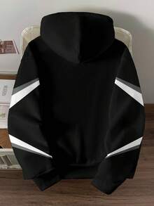 Manfinity Joysei 极简撞色图案宽松套头连帽衫，休闲百搭，适合约会、派对、情侣装、家庭亲子装，也是送给男友的绝佳礼物。 - 黑色 - 查看 3