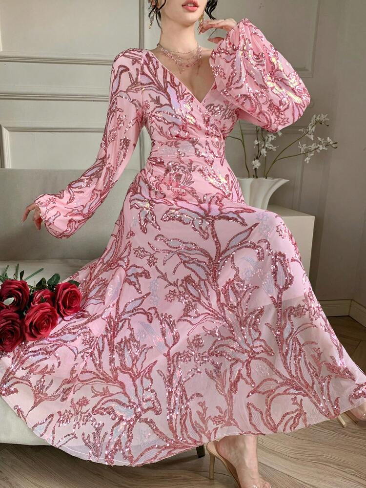 Women's V-Neck Long Sleeve Elegant Dress With 3D Sequin Floral Decor Sundress Boho