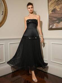 Poshira Women's Elegant Party Sequin Patchwork Pleated Hem Strapless Cocktail Dress - Black - View 1