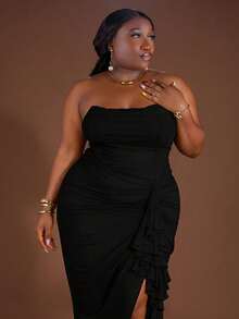 CurvyTilda 大码女式春夏豌豆绿、绿色褶饰荷叶边下摆高开衩连衣裙、优雅度假沙滩裙、沙滩派对连衣裙、夜间外出连衣裙、生日连衣裙、性感别致连衣裙、网眼连衣裙 - 黑色 - 查看 1