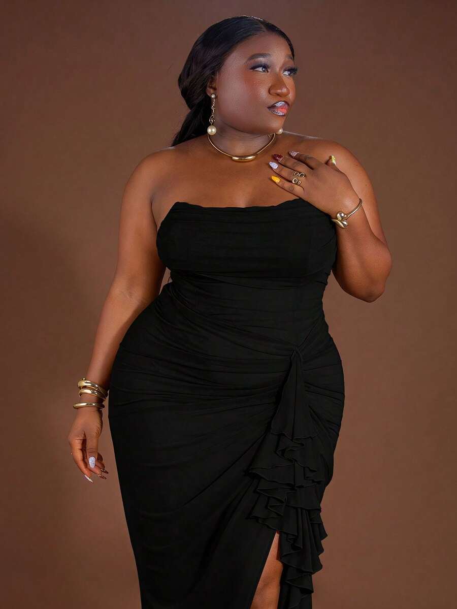 CurvyTilda 大码女式春夏豌豆绿、绿色褶饰荷叶边下摆高开衩连衣裙、优雅度假沙滩裙、沙滩派对连衣裙、夜间外出连衣裙、生日连衣裙、性感别致连衣裙、网眼连衣裙 - 黑色 - 查看 1