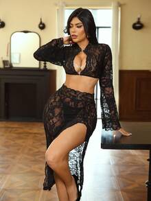 3件套女士性感蕾丝喇叭袖开衩长款连衣裙套装 - 黑色 - 查看 1