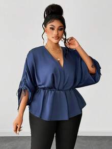 Maweii Plus Size Women's Navy Blue Autumn Elegant Office Satin Blouse,Shiny V-Neck Drawstring Bow Tie Top,Versatile Chic Casual Party Date Night Fashion - Navy Blue - View 2
