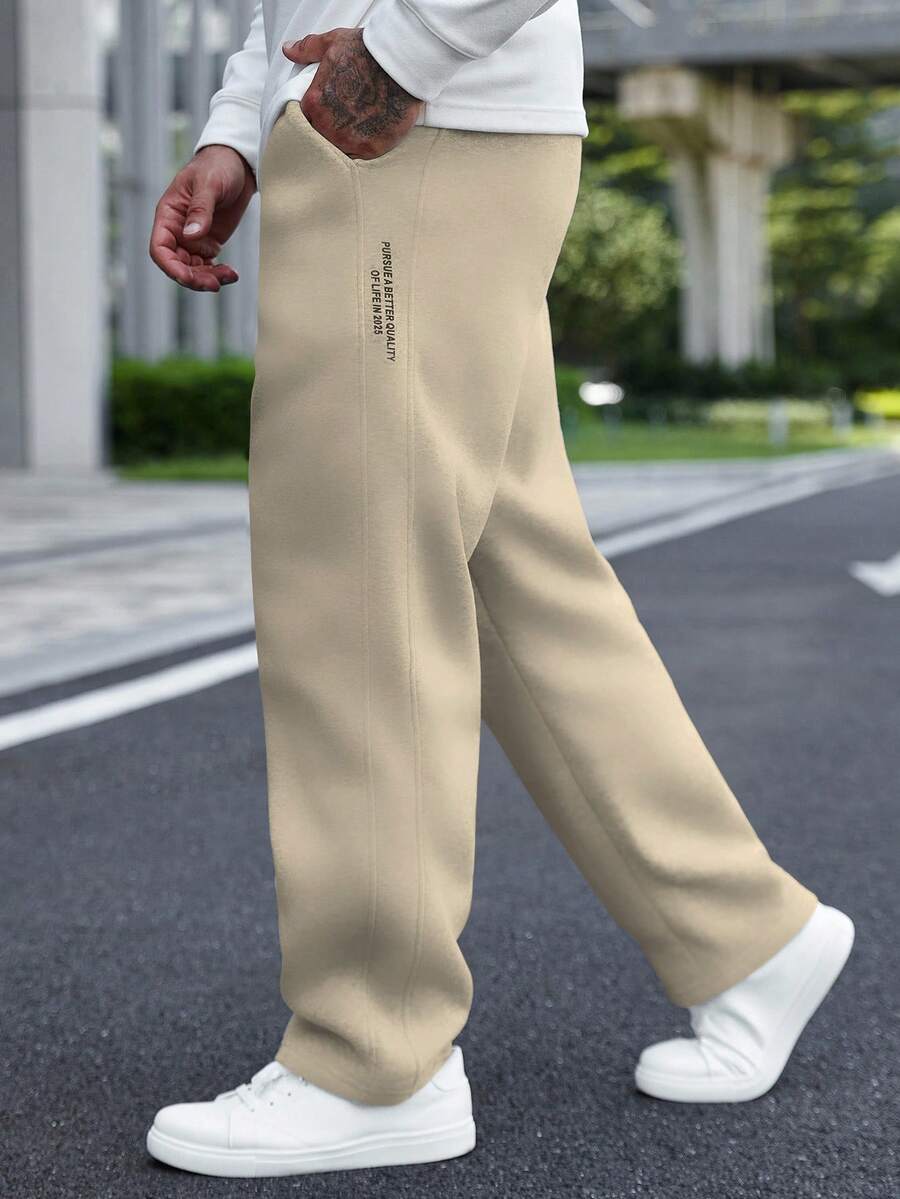 Manfinity Homme Men's Letter Print Drawstring Waist Pockets Casual Sweatpants - Apricot - View 1