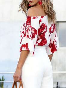 Blusa de mujer con estampado floral y hombro asimétrico de manga corta - Rojo y blanco - Ver 4