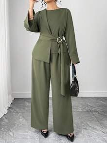 Elenzga 大码女式优雅通勤长袖不对称下摆系带衬衫和裤子两件套 - 軍綠色 - 查看 7