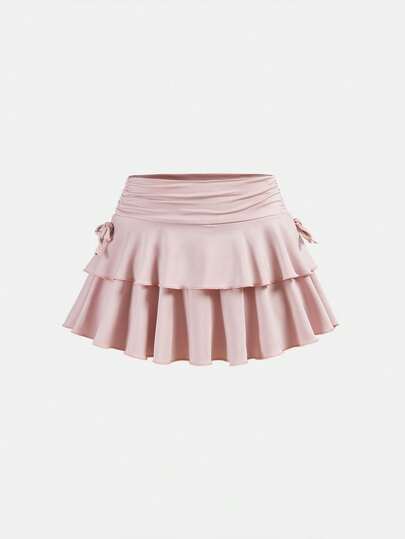 SHEIN Girlism Tween Girl Street Casual Solid Color Drawstring Waist Pleated Hem Skirt