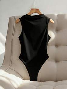 Franclia 女士极简不对称领口金属环无袖连体衣 黑色连体衣 女士黑色连体衣 - 黑色 - 查看 3