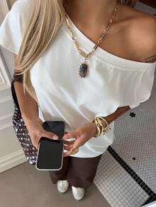 Livesso 女士宽松露肩休闲短袖度假风T恤 - 白色 - 查看 4