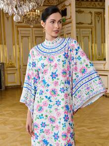 LOTSLUV Robe longue ample à imprimé, col montant, manches évasées, pour vacances, élégante - Multicolore - Voir 3