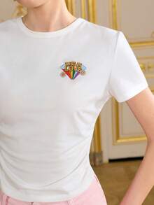 LOTSLUV Women's White Knit Fitted Crew Neck Short Sleeve T-Shirt With Rainbow "LOVE" Embroidery - White - View 6