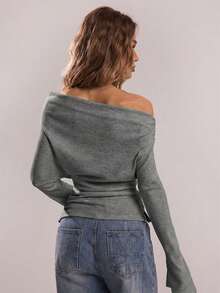 SHEIN BAE Women's Casual Solid Color Oblique Shoulder Flare Sleeve Top, Autumn - Grey - View 2