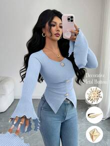 Elenzga Áo thun dài tay đơn giản màu trơn, ôm dáng, bất đối xứng, đính cúc kim loại, xẻ tà, tay loe, thời trang thu đông dành cho nữ. - Màu xanh lam - Xem 1