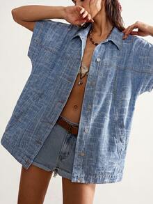 Bohemela Women's Casual Denim Jacket With A Front Opening, Loose Fit, Short Sleeves, Perfect For Summer. Summer Tops  Spring Break Outfits Valentine Clothes Carnival Women Beach Outfits For Women Going Out Top Holiday Outfits For Women Casual Blouses For Women  Y2k - Light Wash - View 3