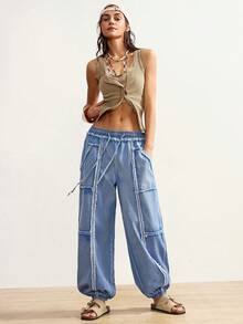 Bohemela 女士弹力腰宽松蓝色牛仔裤，裤脚毛边；浅蓝色胡萝卜牛仔裤。适合度假的女士Y2K风格沙滩裤，春季女士沙滩裤，适合度假的Y2K风格沙滩裤。 - 淺色水洗藍 - 查看 3