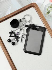 ROMWE Kawaii 1 Y2k Dark Style Gothic Retro Personalized Fashion Black Resin Wings Bear Fish Cake Rhinestone Cross Colorful Star Webbing Bow Cherry Hairball Acrylic Sliding Cover Card Campus Card ID Card Cover Work Card Cover Star Card Cover Travel Traffic Card Cover DIY Keychain Bag Pendant, Suitable For Office Workers, Student Party Girls And Ladies Daily Wear, Holiday Gifts - Black-95 - View 5