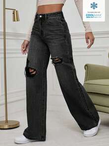 SHEIN ICON Washed Denim Blue High Waist Ripped Wide Leg Jeans - Black - View 4