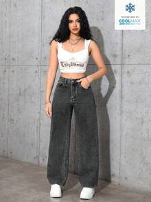 Jeanoix 女士休闲直筒口袋牛仔裤 - 深灰色 - 查看 5