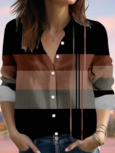 EMERY ROSE Women's Plus Size Striped Shirt,Casual Abstract Geometric Pattern, Suitable For Daily Wear And Vacation Brown Print Top Business Casual Women Shirt Women Button Up Shirt Stripe Pattern Shirt Fall Shirts