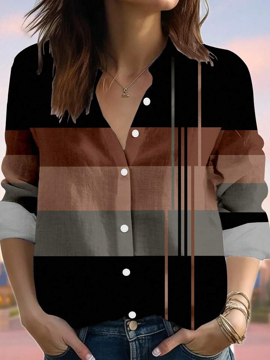 EMERY ROSE Áo sơ mi kẻ sọc cỡ lớn dành cho nữ, họa tiết hình học trừu tượng, thích hợp mặc hàng ngày và đi nghỉ mát. - Nhiều màu - Xem 1