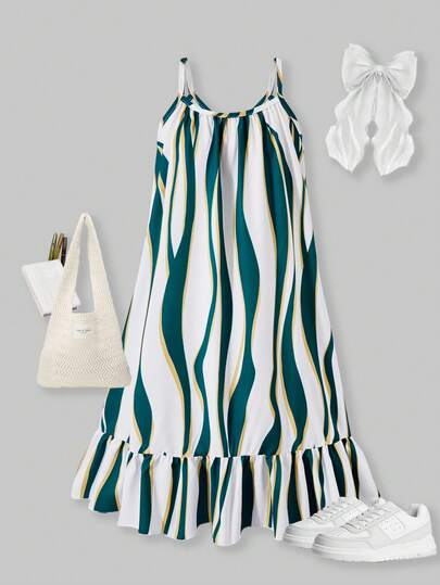 SHEIN ChillGrl flickklänning med asymmetrisk vågig randig mönstrad ärmlös, bekväm avslappnad lös A-linjeformad lapptäcke med volangkant, lämplig för vår/sommar vardagskläder