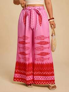 Travachic 加大码全印花系带阔腿夏季裤 - 玫紅色 - 查看 7