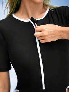 Swim SPRTY Women's Summer Vacation Black & White Contrast Zipper One-Piece Swimsuit, Surfing Outfit, Beach Wear - Black and White - View 3