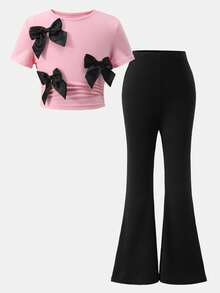 2pcs/Set Young Girl Cute Bow Decor Pink T-Shirt And Black Flared Pants Set Young Girl Outfit Sets Young Girl Outfits Sets Pants Tween Girls Clothing Bow Outfit Kid Girl Clothes Set Children Fashion Girlset Suitable For Daily Wear, Spring & Summer Outfits Suitable For Summer, Street Style, Casual Campus Sports, Outdoor Picnic, Street Photography, Home Girls Flared Pants Sets Young Girls Outfit Sets Girls 2 Piece Trouser Set - Pink - View 4