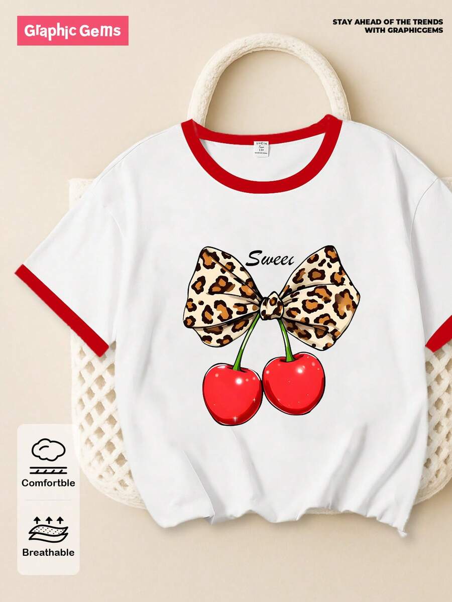 SHEIN GraphicGems 少女樱桃印花撞色滚边圆领短袖上衣，休闲舒适，时尚设计，适合户外、运动、摄影、居家、学校、节日等场合，也是馈赠佳品。 - 彩色 - 查看 1