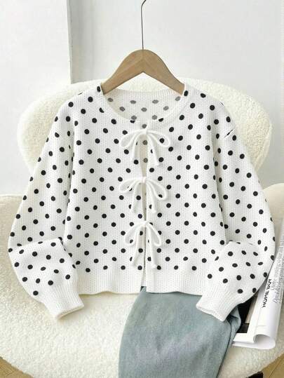 SHEIN Frenchy Women's Retro Polka Dot Bow Tie Contrast Color Sexy Elegant Thin Cardigan, Suitable For Outings, Weddings, Beaches, Parties, Dates, Chic, Suitable For Going Out