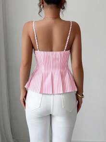 Elenzga Women's Cotton Striped Buttoned Pleated Elastic Camisole, Bohemian Style For Spring/Summer Vacation - Pink - View 2