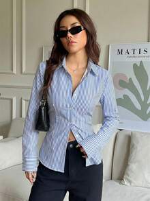 SHEIN EZwear Áo sơ mi nữ tay dài cài cúc phía trước, thắt eo, kiểu dáng thanh lịch, cổ điển, đa năng, màu xanh dương và trắng ấm áp, phù hợp cho mùa xuân/hè. - Nhiều màu - Xem 3