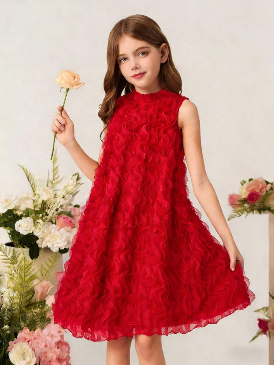Elegant Tween Girls Red Sleeveless Short A Line Dress For Parties And Vacations - Red - View 1