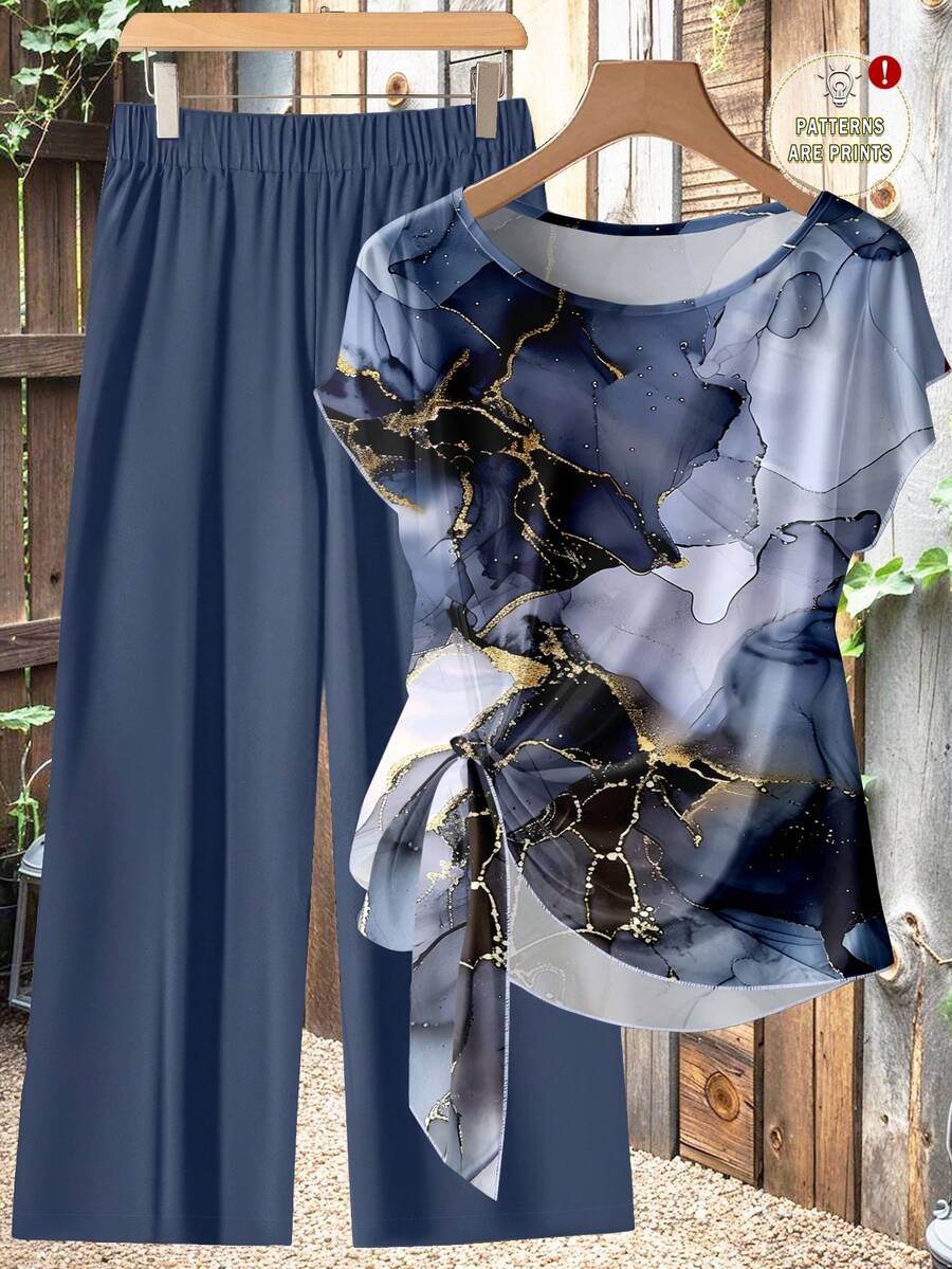 SHEIN Clasi 休闲简约风蓝色仿箔抽象花卉图案女式衬衫配蝴蝶结和宽松直筒蓝色长裤两件套，适合秋冬季节，复古风 - 彩色 - 查看 1