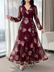 Feyla New Rose Flower Elegant Charming Elegant High-End Cinched Waist Dress For Women - Burgundy - View 1
