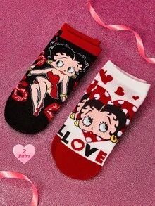 Betty Boop x SHEIN 2 Pairs Soft & Breathable Moisture-Wicking Casual Ankle Socks With Bat Pattern Fashionable Cool Black & White Short Socks Reinforced Toe & Heel For Durabiliy Unisex For Men & Women All Season All-Match Summer Winter,Graphics Socks,Gift Ideas,Party,Holiday,Valentine's Day - Multicolor - View 2