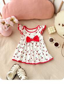 Newborn Baby Girl Cute Knitted Color Block Bow&Cherry Print Flutter Sleeve Dress Sleeveless Floral Dresses - Red - View 9