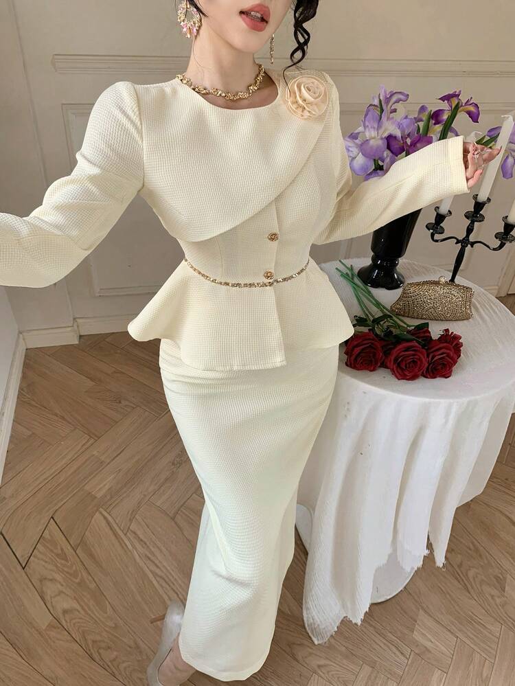 Spring/Summer 2 In 1 Shawl Collar Sequin Decor Ruffle Hem Fitted White Top & Bodycon Fish Tail Skirt Set, Elegant For Valentine's Day, Wedding, Party, Formal Occasion