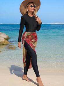 Swim Mulvari 3pcs Women's Black Zipper Long Sleeve Bikini Top, Pants + Random Floral Print Pleated Skirt Swimsuit, Summer Beach - Multicolor - View 4