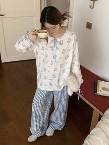DAZY Happy Dog Allover Print Collar Top & Plaid Pajama Pants Women Sleepwear Set - White - View 6