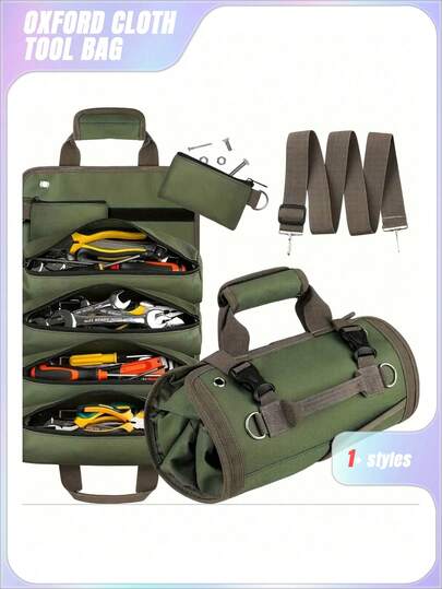 1pc CRILANO Heavy-Duty Roll-Up Tool Bag - Waterproof Oxford Cloth Organizer For Mechanics, Electricians, Carpenters & More - Durable, Portable & Stylish Industrial Gear With Multiple Compartments, Tool Storage Organizer