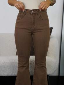 SAYEHFBABY Women's High Waist Pocket Flare Casual Versatile Jeans - Coffee Brown - View 3