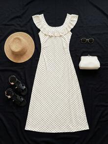 Franclia 2026新款方领褶皱长款连衣裙，黑白波点印花，荷叶边饰边和腰部收褶设计，休闲通勤及度假长裙 - 白色 - 查看 5