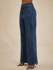 NYA SZN Madeline Pant High Waisted Rise Slim Mini Flare Stripe Detail Pocket Medium Wash Blue Festive Holiday Spring Break Easter Valentine's Day Everyday Casual Streetwear Luxury Cotton Outfits For Women - Medium Wash - View 5