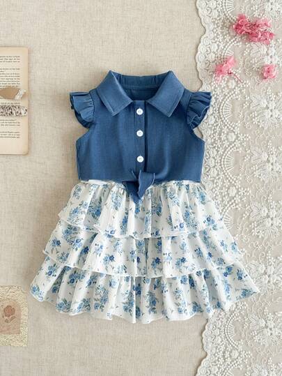 Vintaside Kids 2pcs/Set Baby Girls Summer Clothes Back To School Season 6 Months - 3 Years, Blue Cute Fashion Flutter Sleeve Lapel Cardigan + Ditsy Floral Layered Ruffle Hem Camisole Dress, Soft & Comfortable For Casual Wear, Spring/Summer