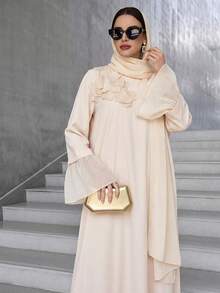 Al Najma Vestido elegante estilo árabe con mangas abullonadas y adorno floral para mujer, vestidos árabes, modestos - Albaricoque - Ver 5