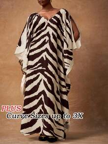 Veslaya 春夏新品，优雅度假、生日派对、宴会、返校、学院风、日常休闲、邮轮旅行、爆款、街头风、通勤、商务休闲、约会、聚会V领七分袖连衣裙，袖口开衩，大码合身，蝙蝠袖，黑米色斑马纹大码长裙，斑马纹套装，女士裹身连衣裙，卡夫坦长裙，斑马纹连衣裙，女士连衣裙 - 棕色 - 查看 10