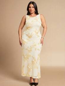 SHEIN BAE Plus Size Women's Elegant Embroidered Sleeveless Backless Dress, Summer - Apricot - View 1
